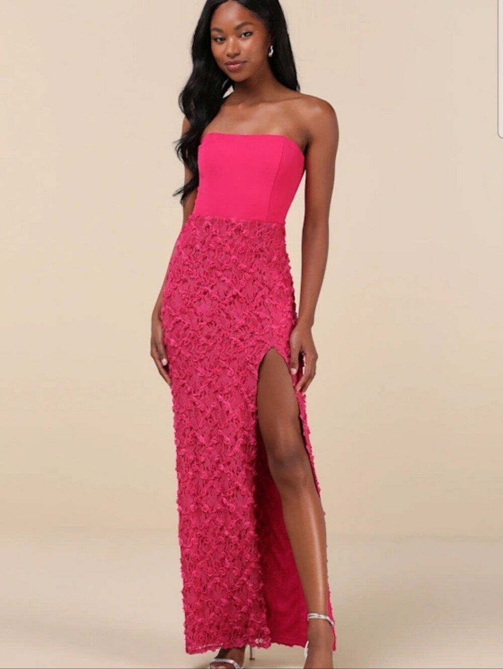 Ravishing Appeal Fuchsia 3D Floral Applique Strapless Maxi Dress